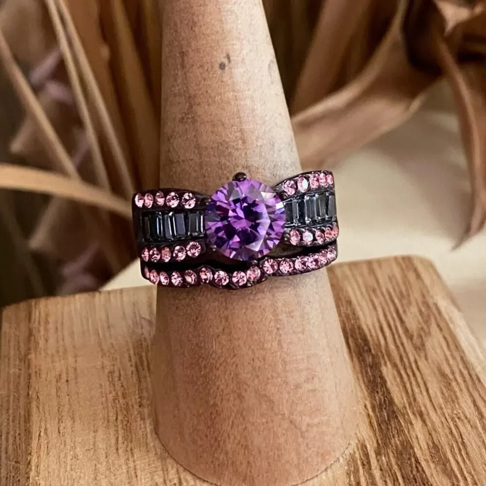 Amethyst CZ Ring-Brown Stainless Steel Multi-Band Design